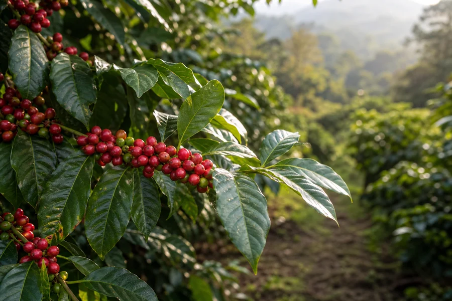 Planta de café con hojas verdes y cerezas maduras