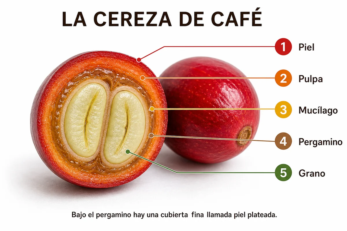 Anatomical image of the coffee cherry with skin, pulp, mucilage, parchment and bean