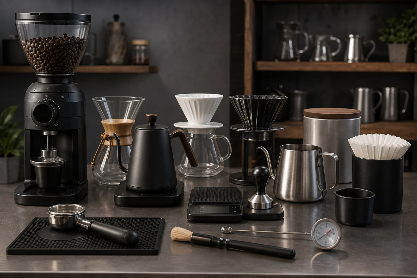 Essential coffee tools arranged on a bar