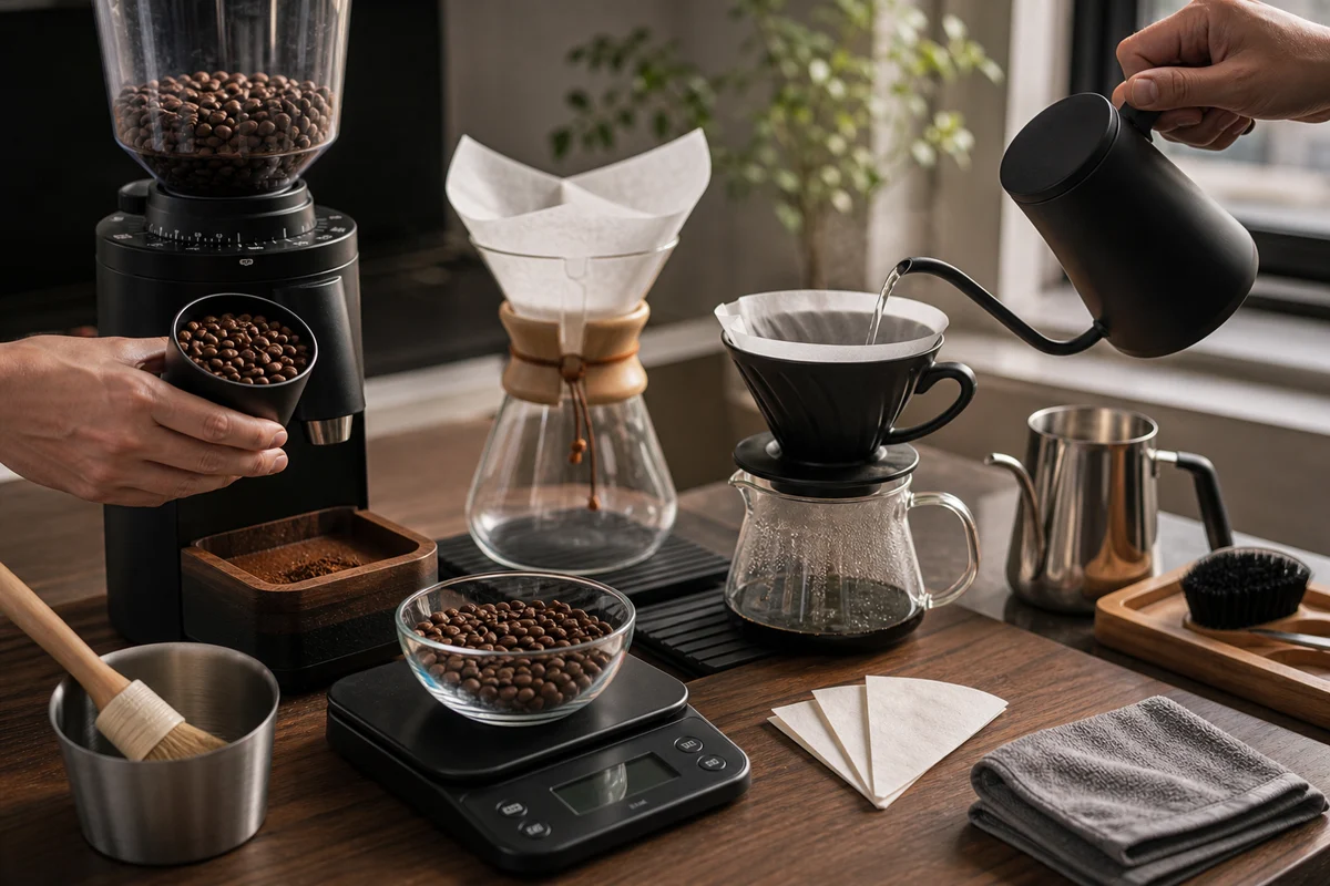 Workflow with weighed coffee, grinding, pouring and cleaning tools