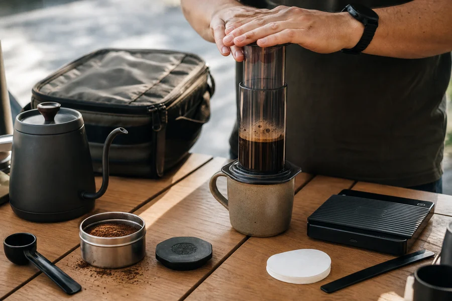 AeroPress pressing coffee over a cup with filters and scale nearby
