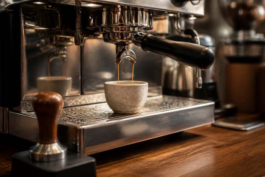 Espresso machine extracting coffee into a cup with a portafilter and tamper nearby