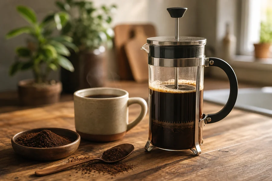 Glass French press with brewed coffee and coarse grounds nearby