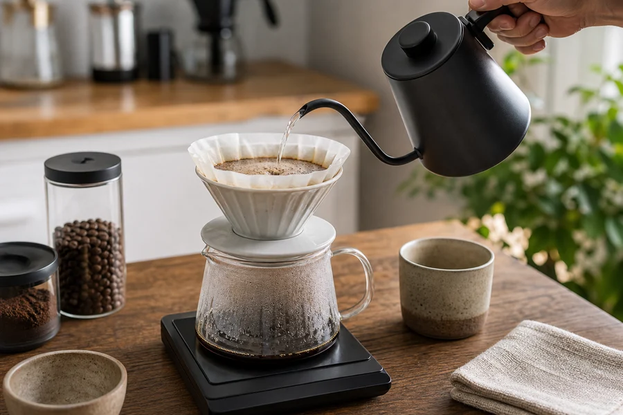 V60 dripper with paper filter while a kettle pours water over ground coffee