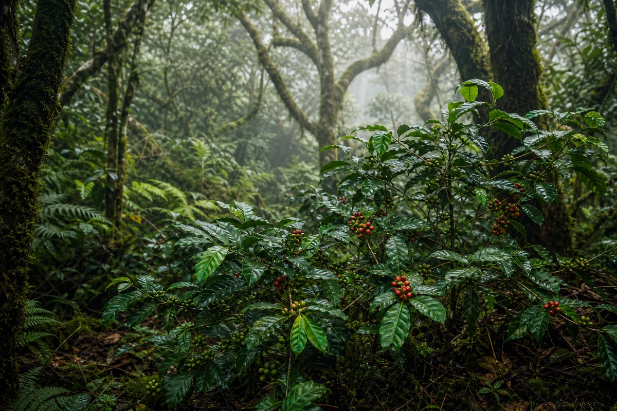 Montane forest with arabica coffee trees under shade