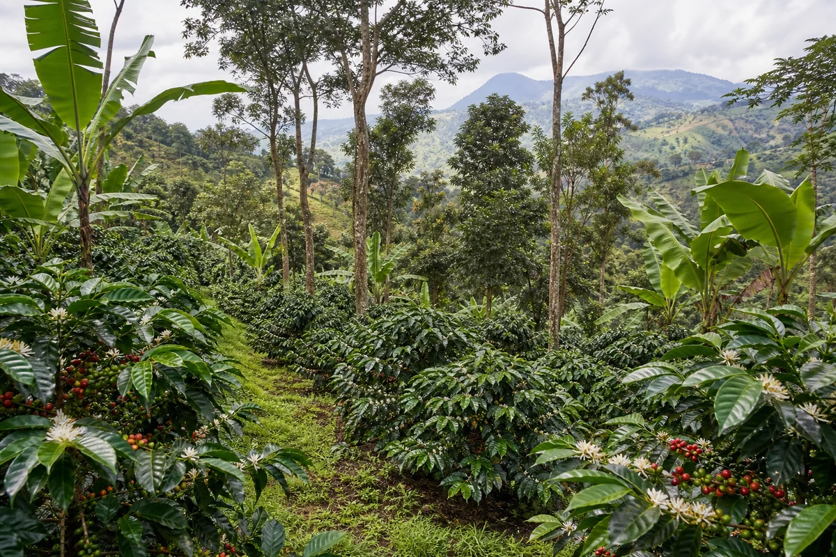 Modern shaded coffee farm in an agroforestry system
