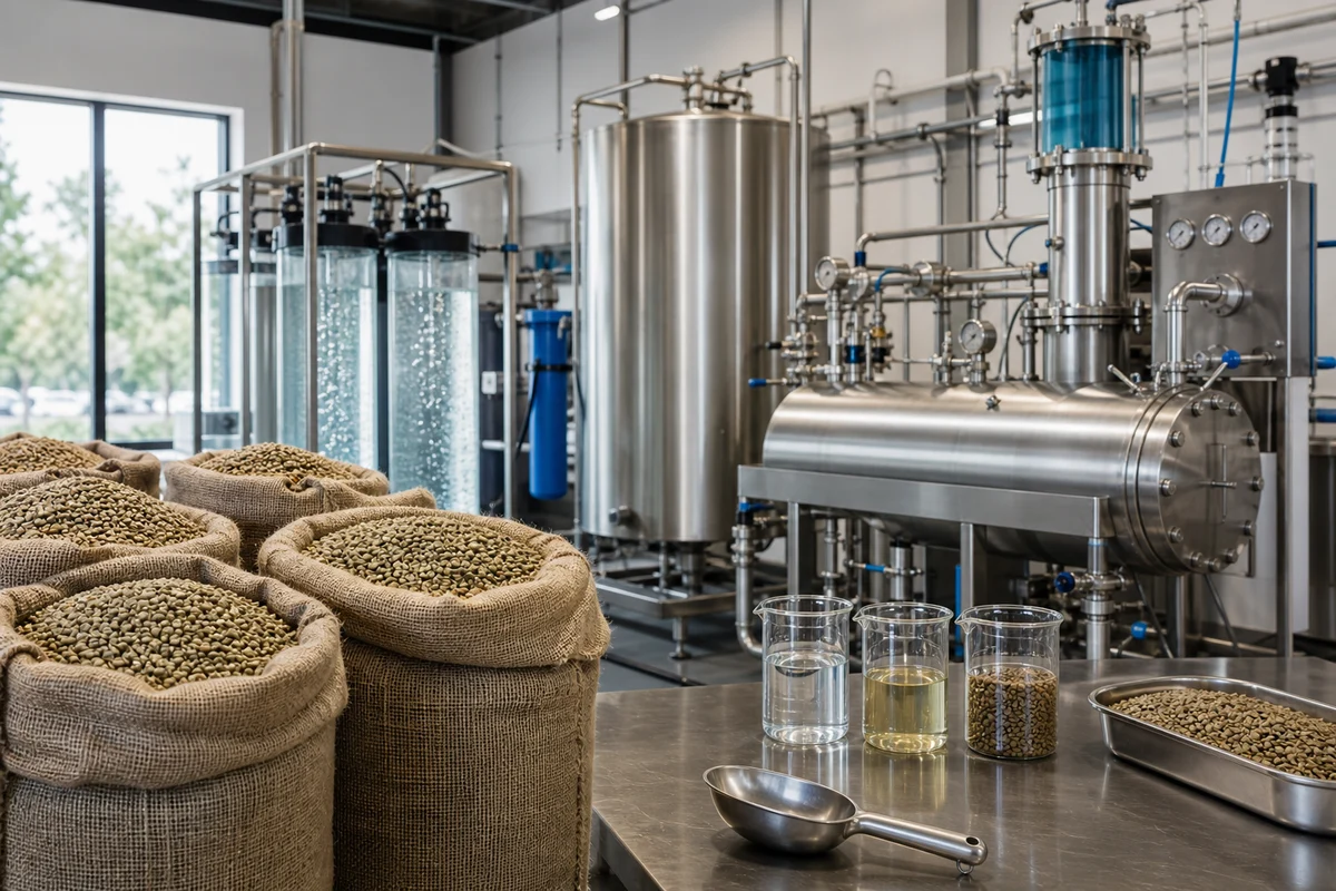 Modern decaffeination facility with green coffee and extraction equipment