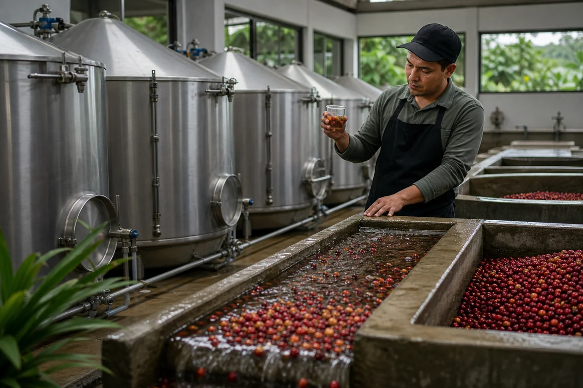 Coffee fermentation tanks with cherries and control samples