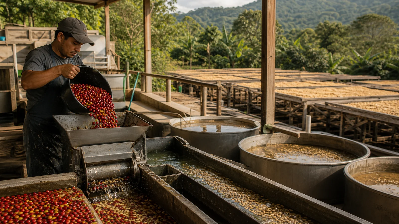 Coffee processing station with cherries, tanks and drying beds