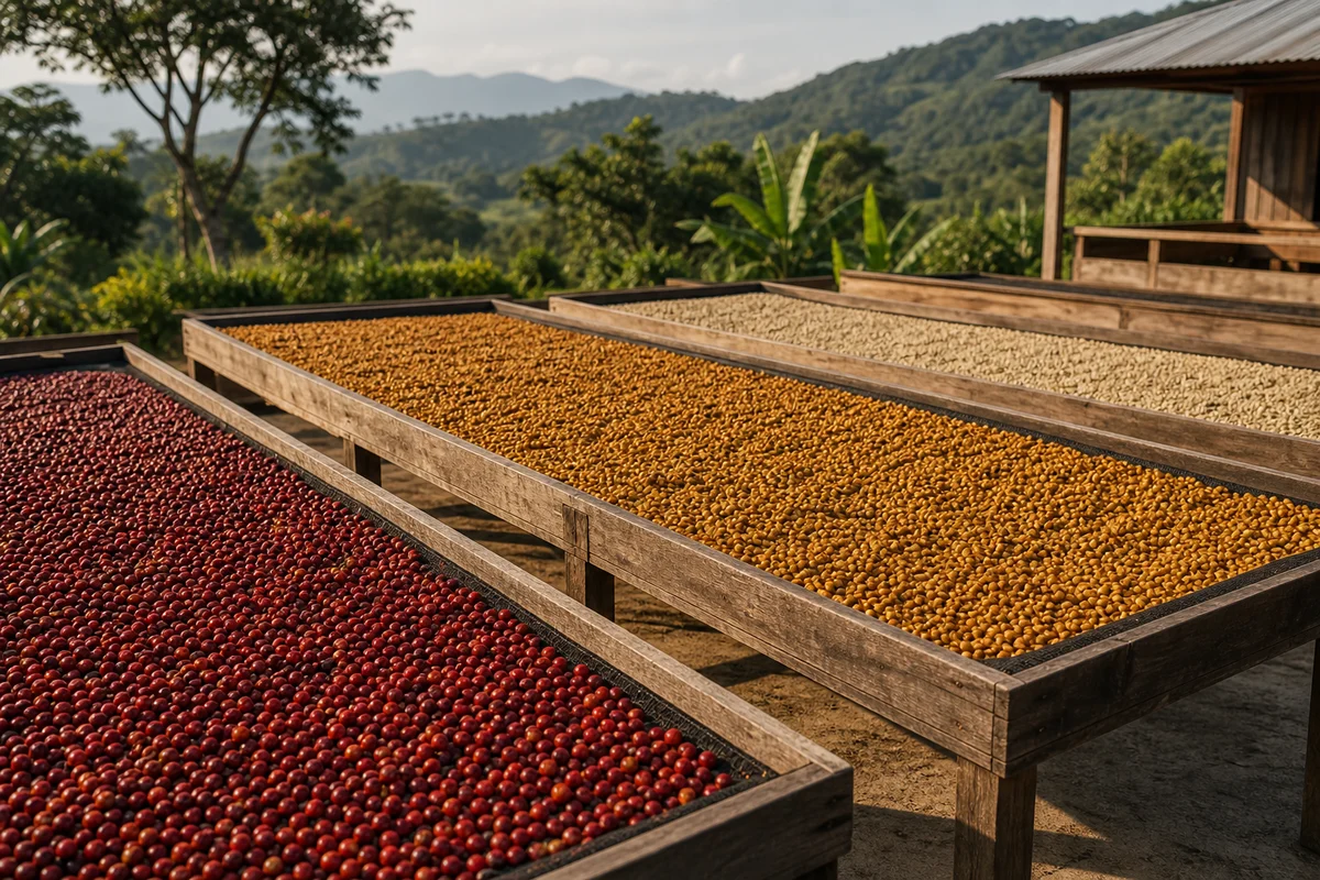 Raised beds with natural, honey and washed coffee lots drying