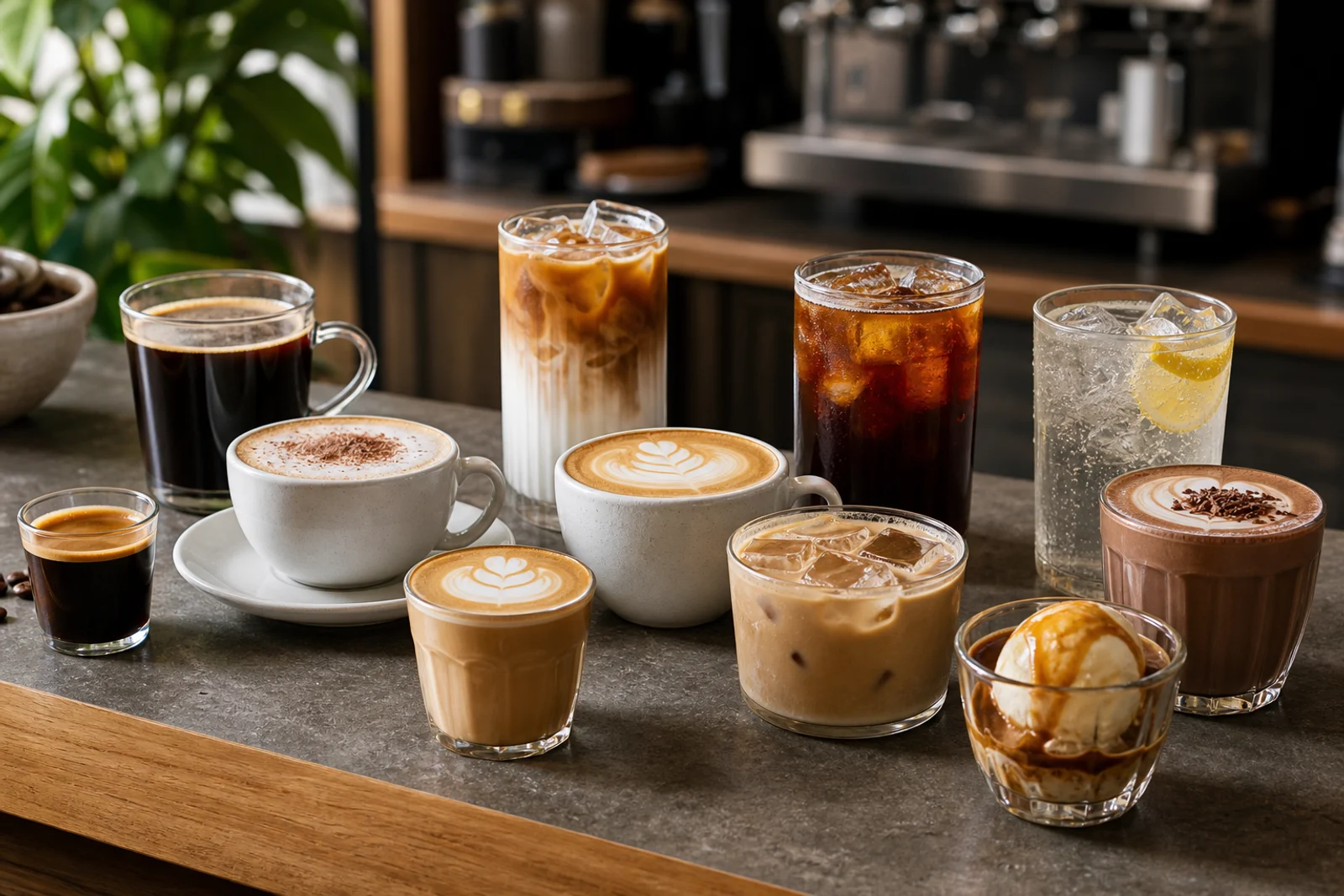 Set of coffee drinks such as espresso, latte, cappuccino, cold brew and affogato
