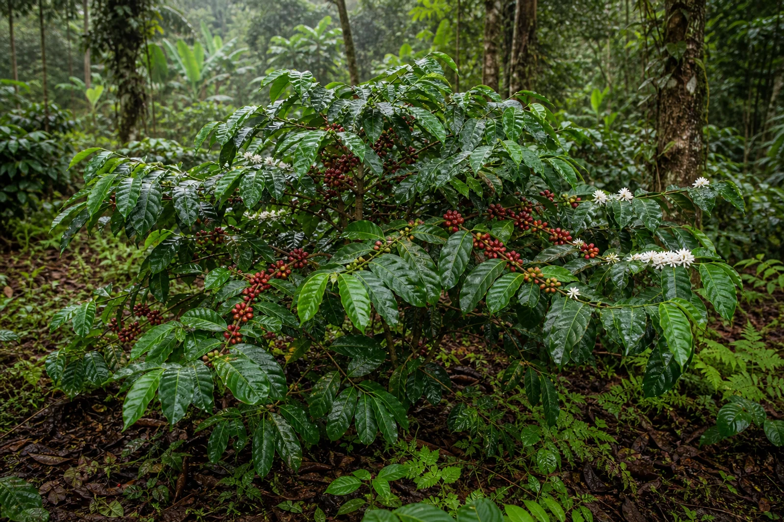 Robusta plant with green leaves and red cherries on a tropical farm
