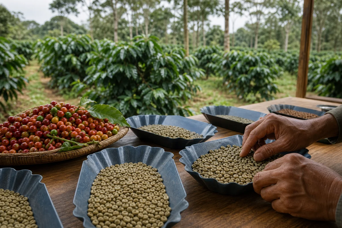 Robusta cherries and green beans during quality inspection