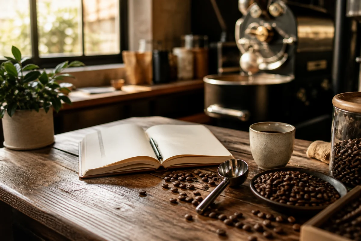 Mesa de trabajo cafetera con libreta, granos, taza y equipo de tostado