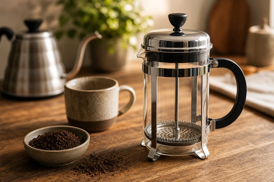 Clean French press with coarse ground coffee and cup