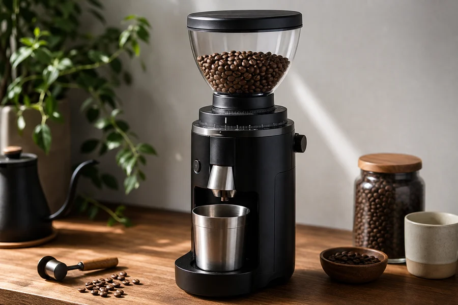 Electric burr grinder with coffee beans and dosing cup
