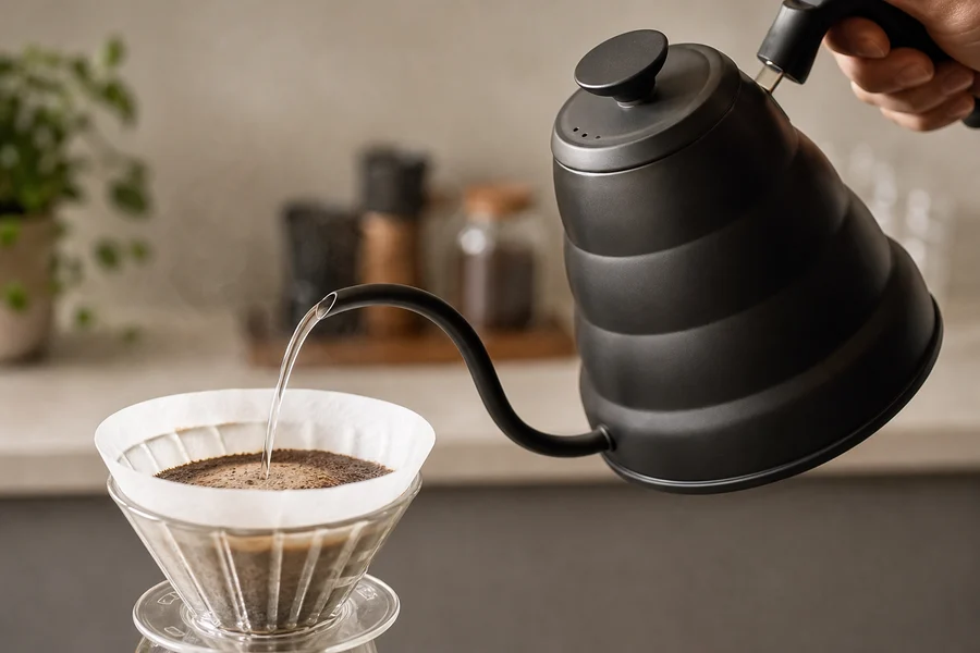 Gooseneck kettle pouring water into a filter method