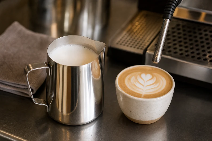 Steel milk pitcher with latte coffee and steam wand in the background