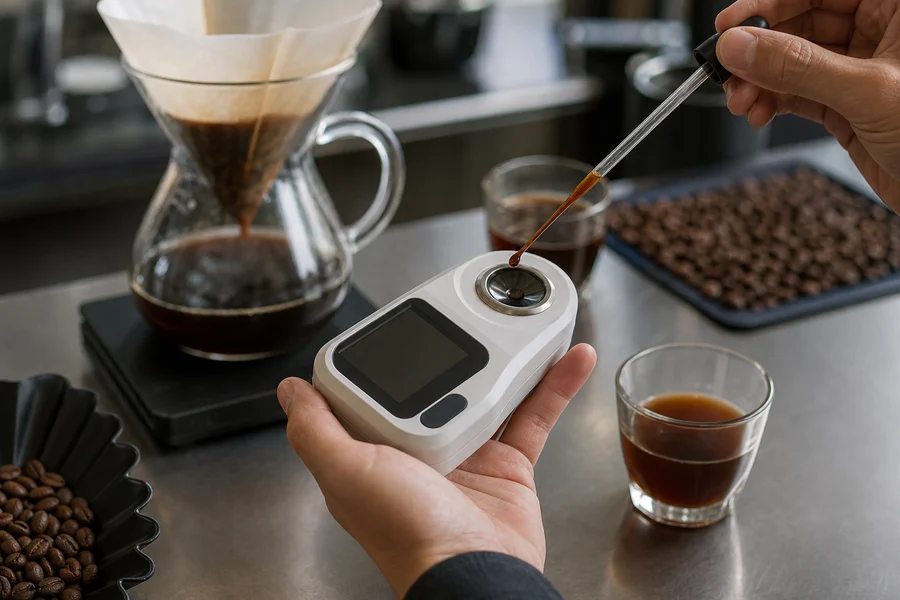 Digital refractometer with pipette and filtered coffee sample