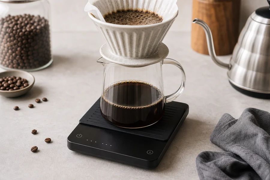 Digital coffee scale with cup and beans on a table