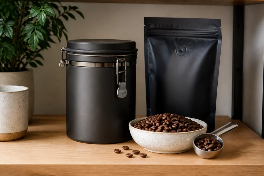 Airtight coffee storage container with beans and spoon