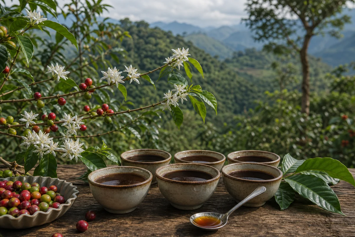 Branches, flowers and cupping samples of Ethiopian arabica