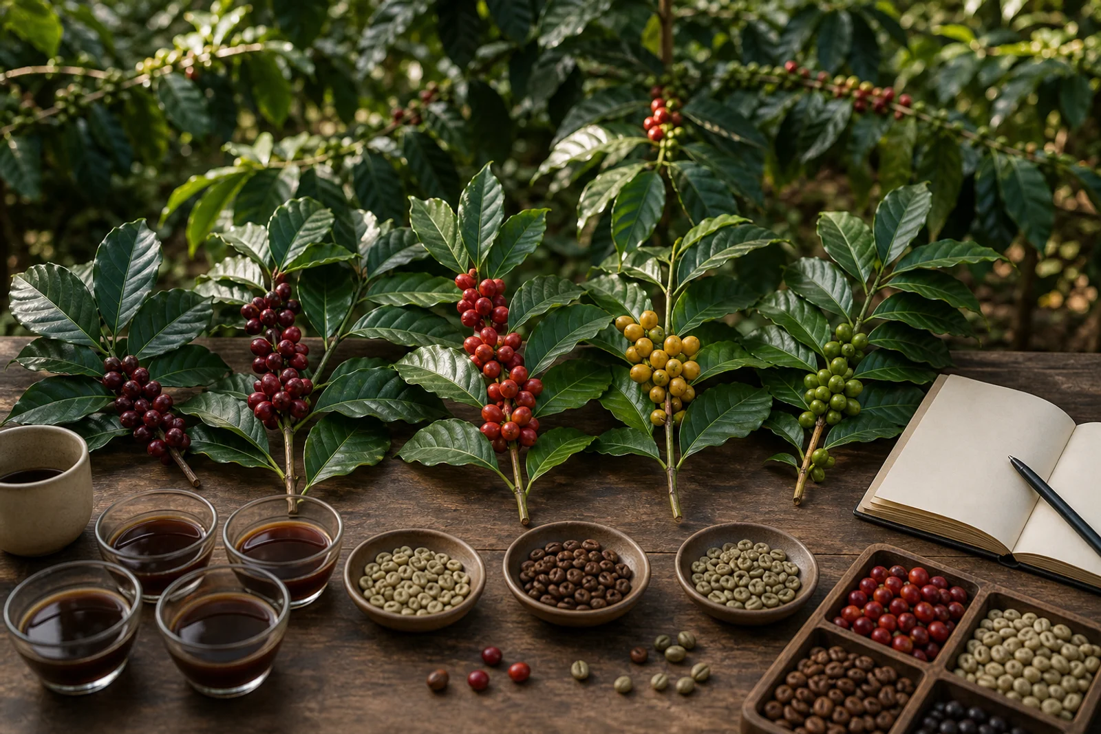 Research table with arabica branches, cherries and cupping samples