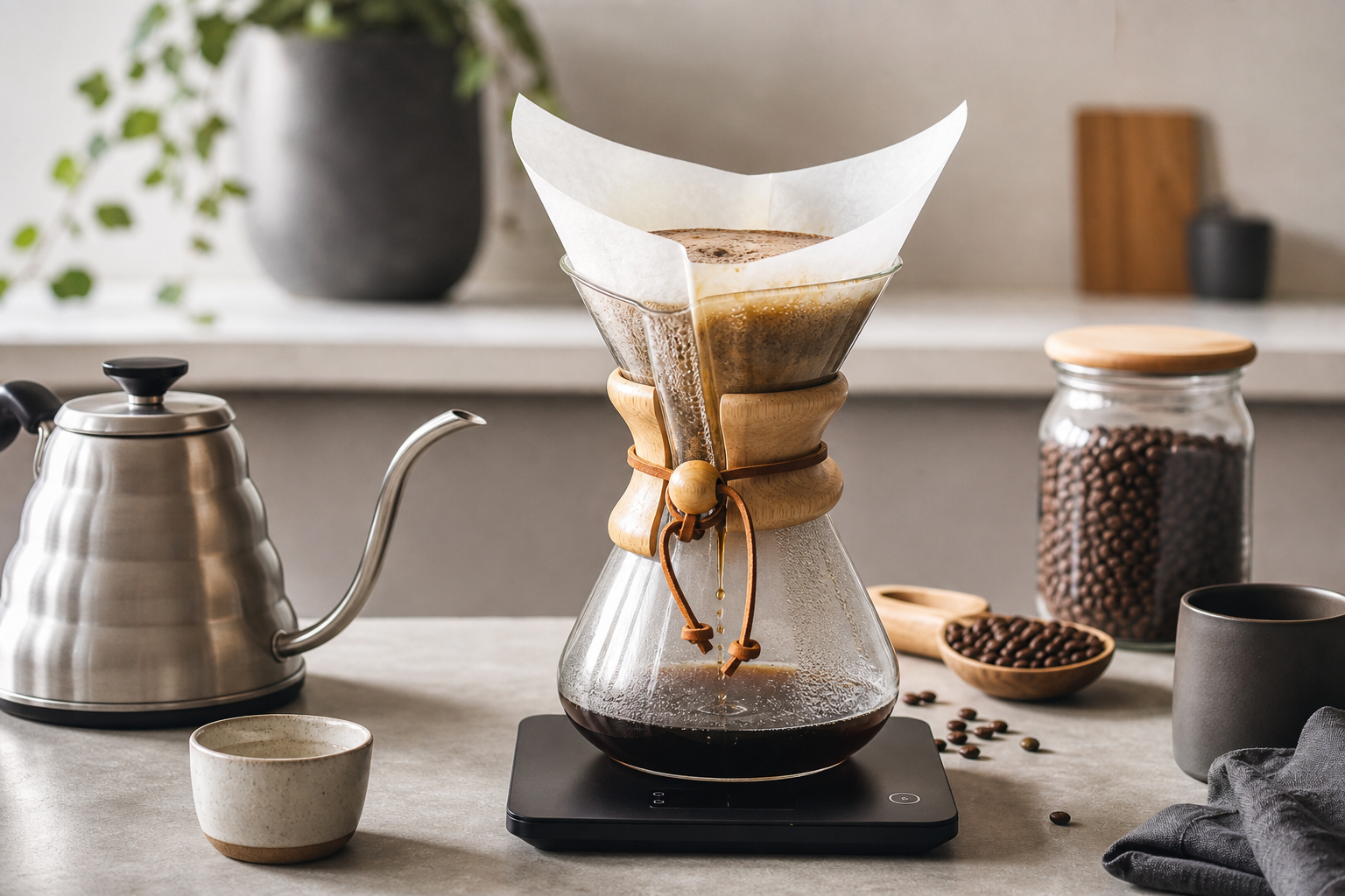 Chemex con filtro grueso durante la preparacion de cafe filtrado