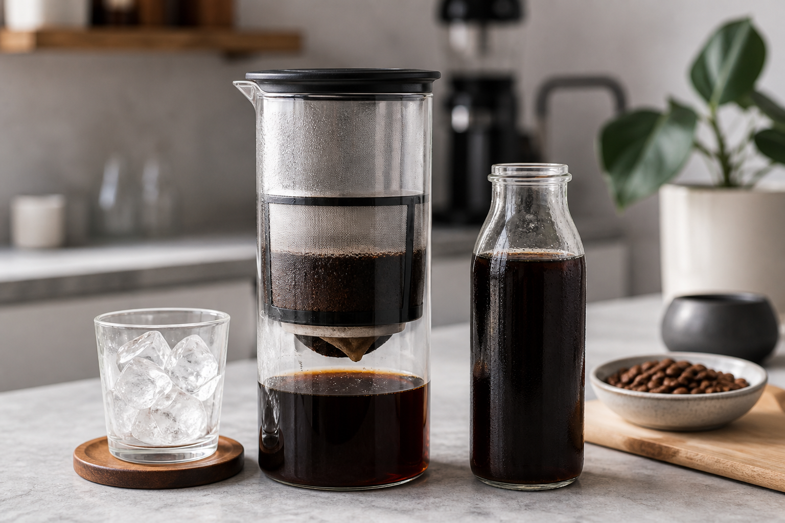 Jarra de cold brew con café infusionando en frío y vaso con hielo