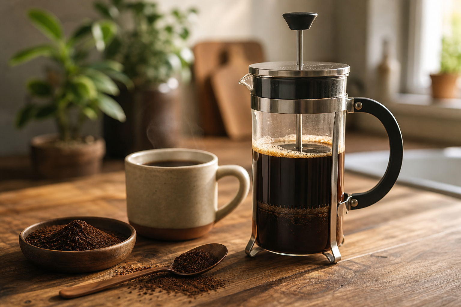 Prensa francesa de vidrio con café preparado y molienda gruesa al lado