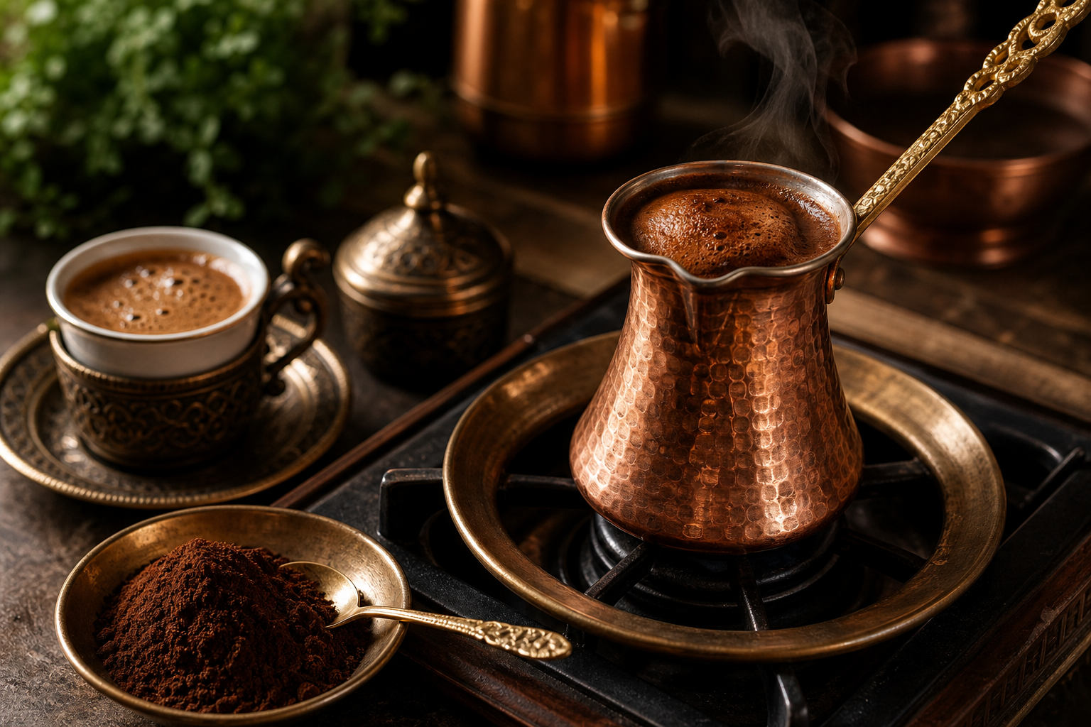 Cezve o ibrik de cobre preparando café turco con taza pequeña