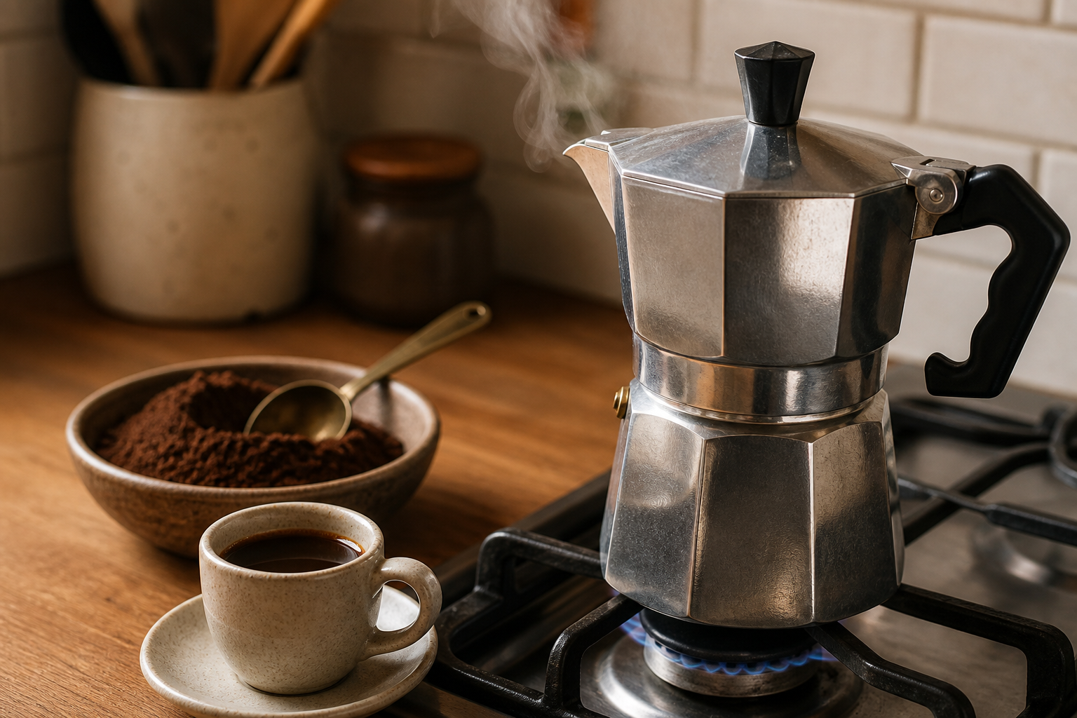Cafetera moka sobre cocina con taza pequeña y café molido
