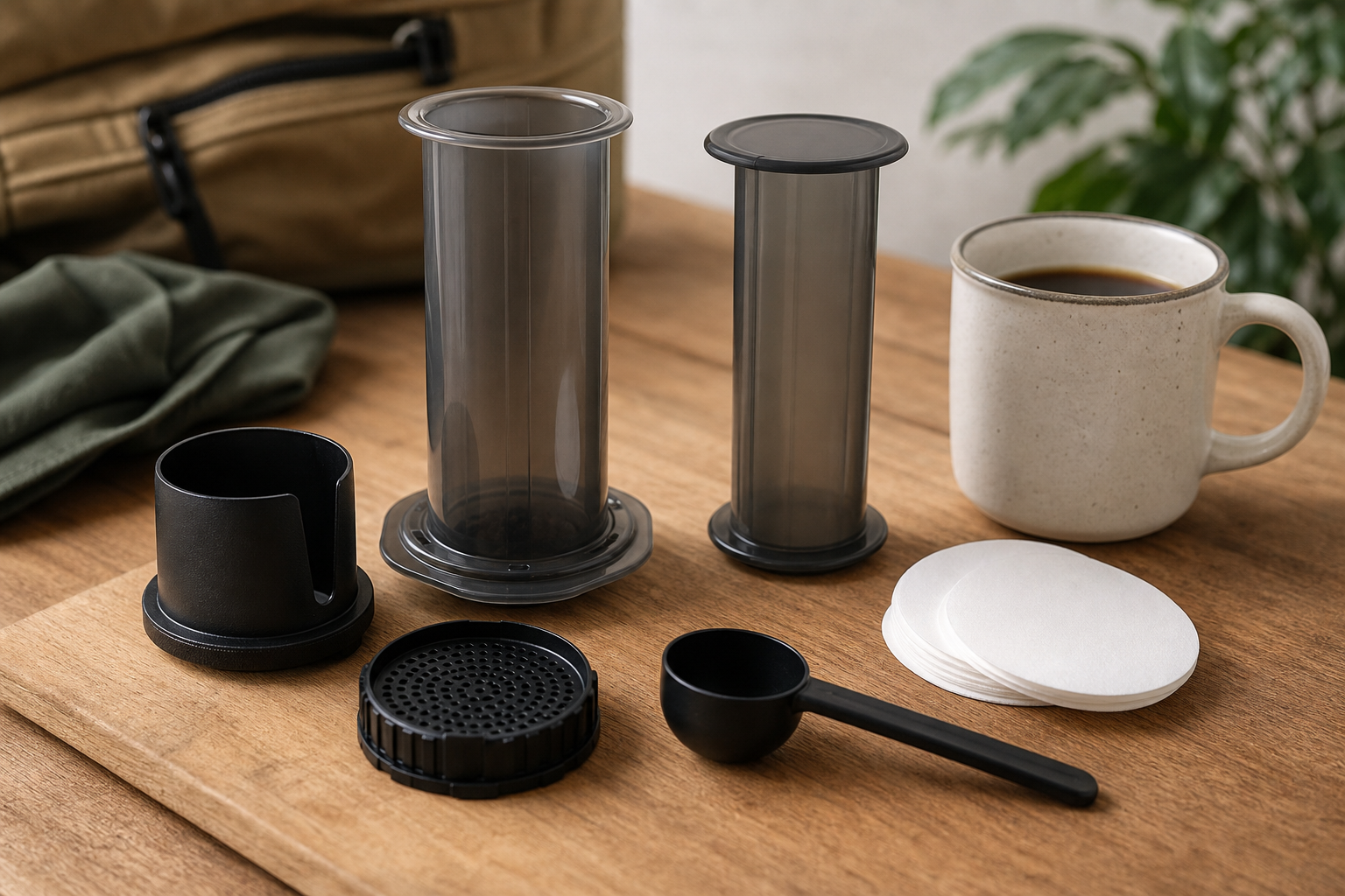 AeroPress desmontada con filtros, taza y accesorios