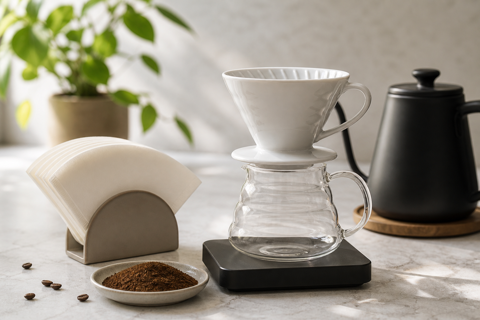 Dripper de café con filtros de papel y servidor de vidrio