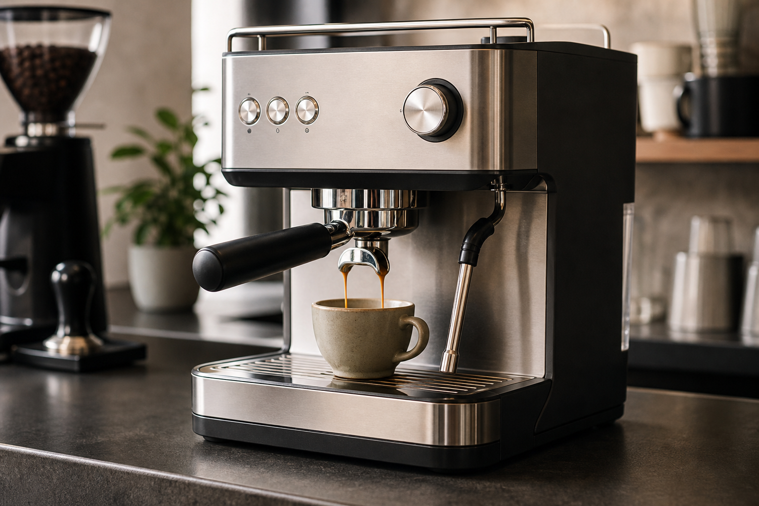 Máquina espresso con portafiltro, taza y vaporizador