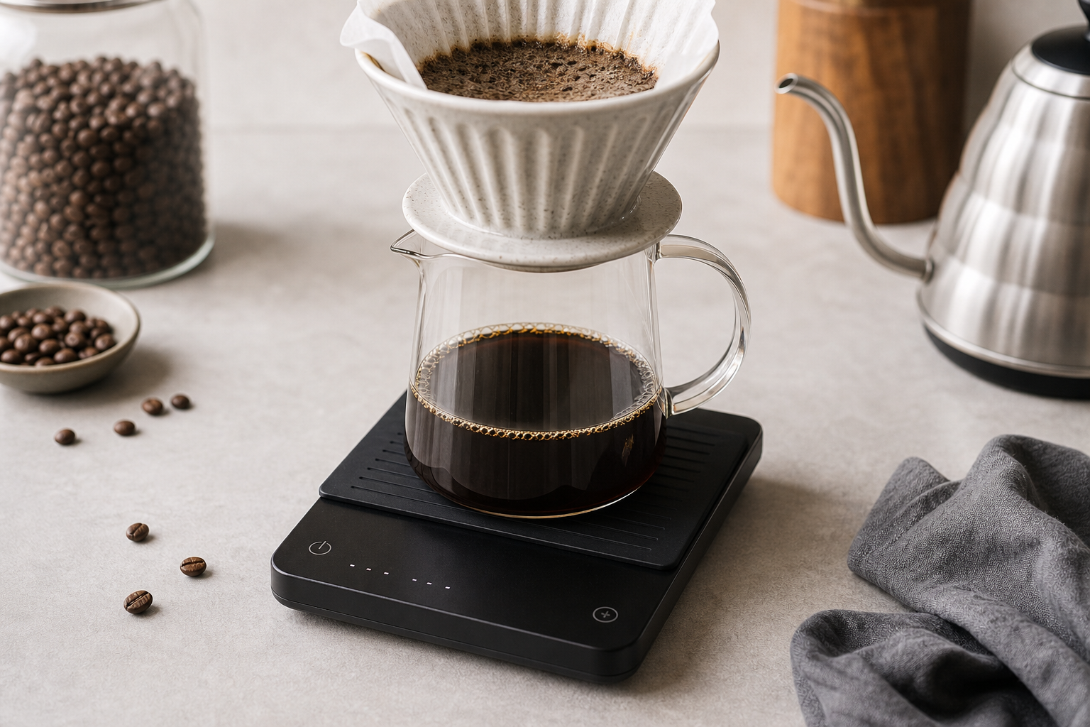 Balanza digital para café con taza y granos sobre una mesa
